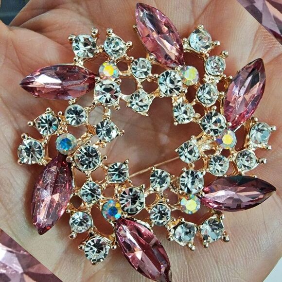 #Vintage #Rose Pink Marquis + Clear Rhinestone Round Floral #Brooch Pin - Picture 2 of 3